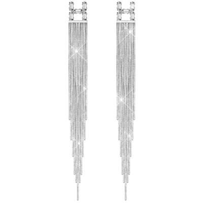 Image of KristLand Retro 925 Sterling Silver Earpin Chain Tassel Long Dangle Stud Earrings White Gold Plated Weddings Bridal Woman Jewellery