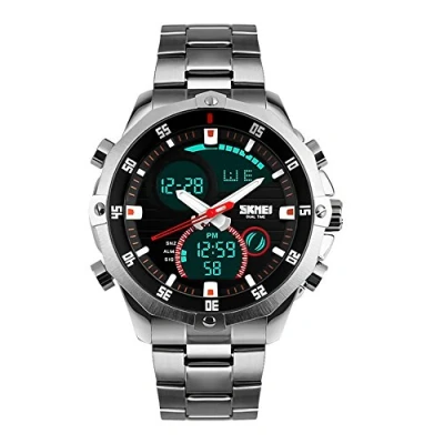 Image of SKMEI Mens Wrist Watch, Waterproof Military Analog Digital Watches with LED Multi Time Chronograph, Stainless Steel Business for Men, 1146 Silver, L, Sports