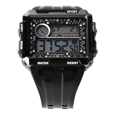 Image of gernie Rectangle Dial Sports Wrist Watch with LED Digital Multifunction Sport Backlight for Men, Waterproof, Black,