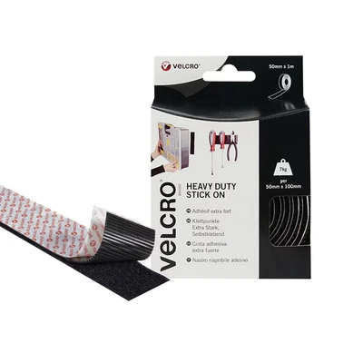 Image of VELCRO Brand Heavy Duty Stick On Tape Cut to Length Industrial Extra Strong Double Sided Hook &amp; Loop Self Adhesive Perfect for Room Décor Home, Office, Garage Use Black 50mm x 1m