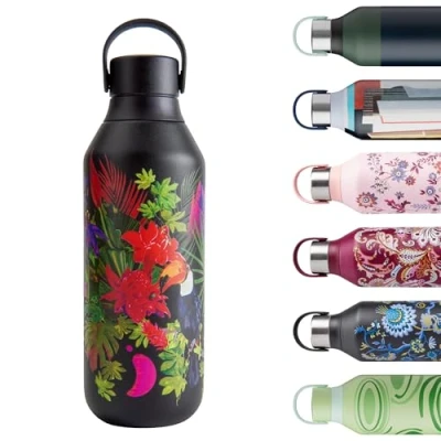 Image of Chilly&#039;s Series 2 Water Bottle Stainless Steel Thermal Bottles with Double Wall Vacuum, Soft Collar &amp; Carry Loop Electric Paradise, 500ml