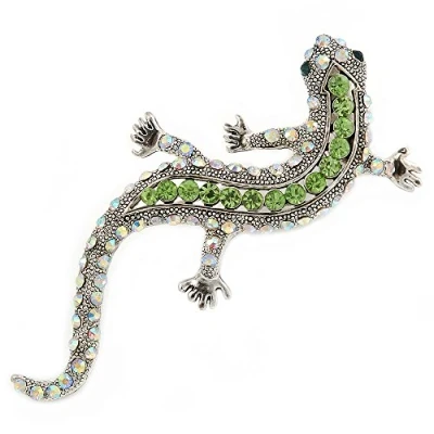 Image of Avalaya Light Green/AB Crystal Lizard Brooch in Silver Tone Metal 65mm L