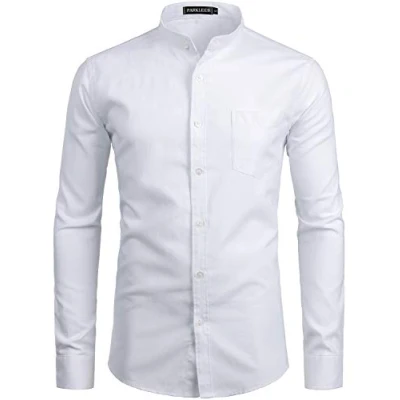 Image of PARKLEES Mens Hipster Design Grandad Collar Oxford Shirt Slim Fit Long Sleeve Casual Button Down Dress Shirts with Pocket White M