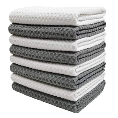 Image of POLYTE Ultra Premium Microfibre Kitchen Dish Tea Towel Waffle Weave, 8 Pack (40x71 cm, Grey, White)