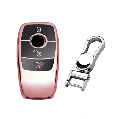 Image of M.JVisun Soft TPU Case Cover Protector Car Remote Key Fob For Mercedes Benz 2019 2022 A Class C G 2017 E 2018 2021 S Glossy Pink Metal Keychain