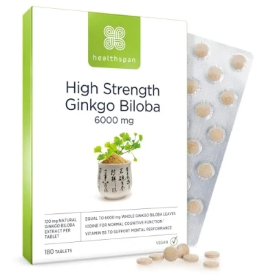 Image of Healthspan Ginkgo Biloba 6,000mg High Strength 180 Tablets Iodine Vitamin B5 Flavone Glycosides Vegan