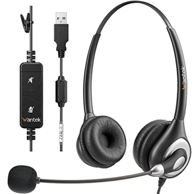 Image of Wantek 602NUSB Headsets with Noise Canceling Microphone for Call Center Online Conference Office Work Teams Meetings Windows Computers Laptops