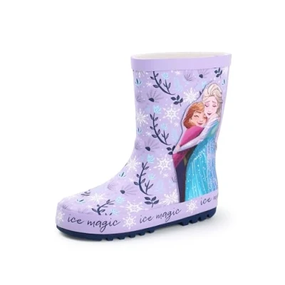 Image of Disney Frozen Girls Wellington Boots Kids Wellies with Elsa &amp; Anna Character in Purple Water Resistant Rubber Snowflake and Floral Print for Children Animation Movie Merchandise Gift