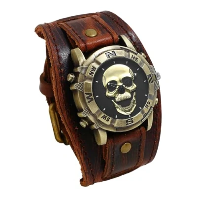 Image of JewelryWe Men&#039;s Coffee Leather Watch: Vintage Sport Casual Analog Quartz Halloween Punk Biker Skull Decorative Face Wide Strap Watch