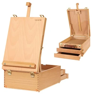 Image of VISWIN Large Tabletop Easel Box with 3 Drawer, Hold Canvas up to 25&quot;, Portable Beech Wood Storage for Painting Canvas, Drawing, Sketching &amp; Art Supplies, Adults, Beginners, Artists