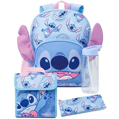 Image of Disney Lilo and Stitch Girls Backpack Kids Alien Character Merchandise 3D Ears School Rucksack Pencil Case Water Bottle Back to Bag Gifts