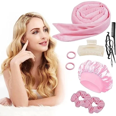 Image of Curlers Curls Without Heat, Overnight Heatless Band Velvet with Satin Hair Cap Wave Formers DIY Curling Hairstyle Set for Medium Long Hair, Pink