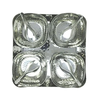 Image of Beghal Beautiful Elegant Authentic 9 Piece Square Hand Hammered Tray Thali &amp; Stainless Steel Katoris (Bowls) Relish BBQ Pickle Sauce Chutney, Dip Server Dishes, Silver