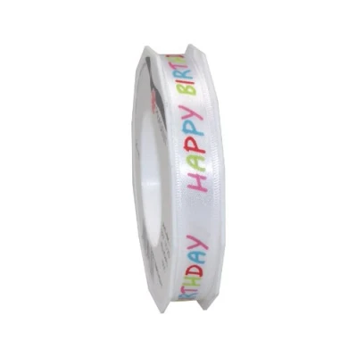 Image of Präsent Happy Birthday Printed Satin Ribbon White 15 mm width, 20 m length