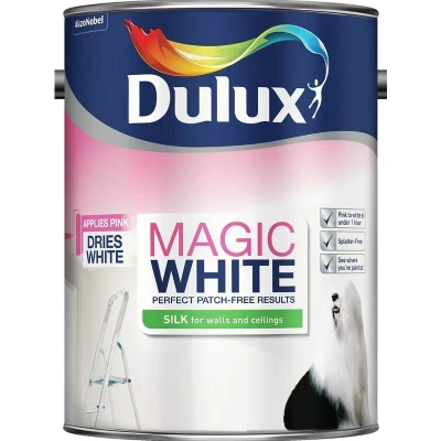 Image of Dulux Magic White Silk Emulsion Paint For Walls And Ceilings Pure Brilliant 5 Litres