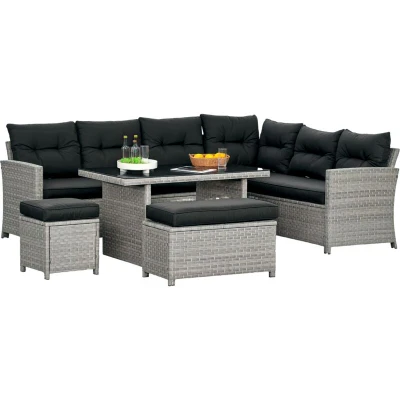 Image of Outsunny 5 Pieces PE Rattan Garden Furniture Set with Corner Sofa, Patio Sofa Glass Table, Stools, Cushions, for Poolside, Mixed Grey