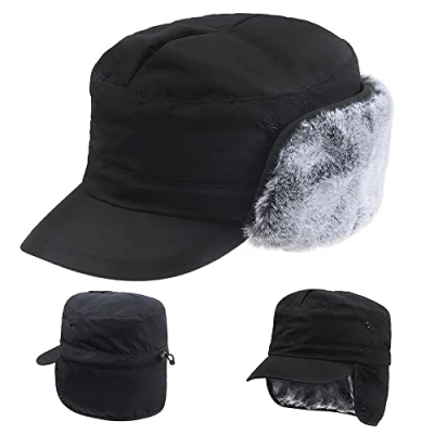 Image of ZffXH Men&#039;s Trapper Hat, Black Winter Warm Waterproof Baseball Cap Army Cadet Hats with Ear Muffs, Bomber Deerstalker Mens Furs Flap Caps, Peaked Deer Hunting Trooper Military Hat