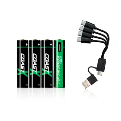 Image of Coast AAA USB C Batteries, ZITHION X, Lithium Ion 1.5 V 750 mAh, Durable, Charges in 1.3 Hours, Charging Cable Included, Pack of 4