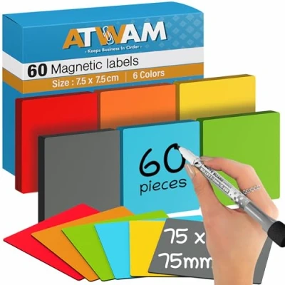 Image of ATWAM 60 Magnetic Strips writable Labels 75 x 75mm 6 Colors Scrum &amp; Kanban Notes Whiteboard for Board, Wall Fridge