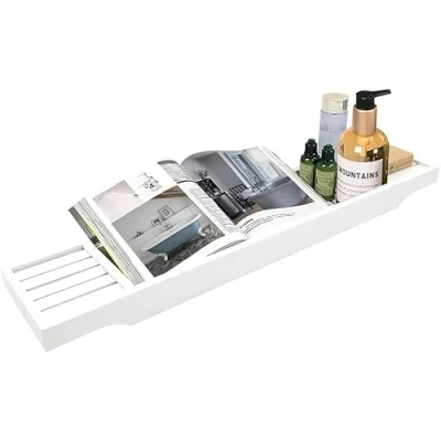 Image of MantraRaj Bamboo Bath Caddy Tray Bridge Wooden Bathtub Rack Tidy Bathroom Shelf Organizer Storage Table for Reading Tablet, Wine Glass Accessories (White)