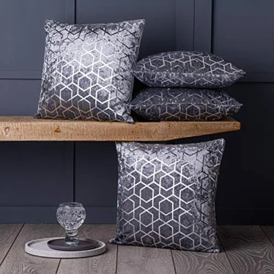 Image of Red Rainbow Luxury Metallic Grey Crushed Velvet Geometric Cushion Covers, 18&quot; x 18&quot;, Set of 4