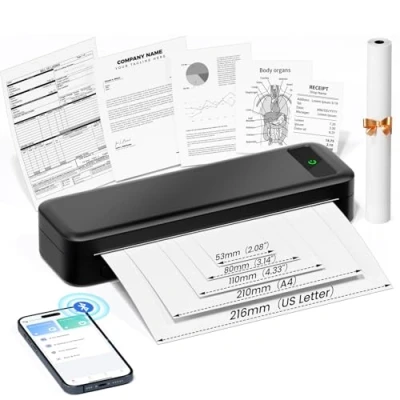 Image of Thermal Portable Printer A4 Wireless Bluetooth Compatible with Apple iPad iPhone Android Laptop, 2600 mAh Inkless for 216/210/110/80/53mm Paper, Mobile Travel Office School