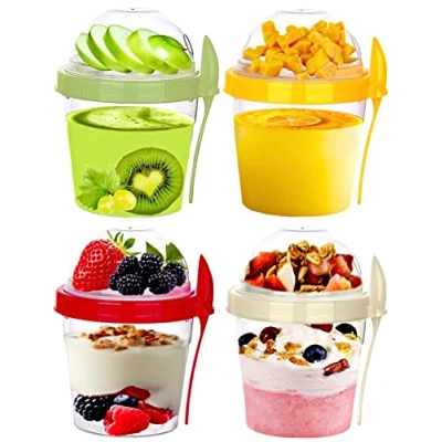 Image of VL Yogurt Cup 500Ml Reusable Breakfast Pots Muesli With Spoon Lid Cereal Snack Overnight Oats Dishwasher Safe Lunch Box Oatmeal Jars Travel Meal Food Container (Set of 4 Red, Cream, Green, Yellow)