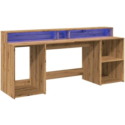 Image of vidaXL Desk with LED Lights Artisian Oak Engineered Wood/200 x 55 91 cm Working/Writing Table for Office/Bedroom/Studio Ample Storage Shelves and Compartments