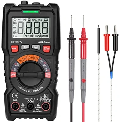 Image of ULTRICS Digital Multimeter, Auto Ranging Multi Tester Voltmeter Ammeter Ohmmeter TRMS 6000 Counts, Test Meter with Leads, Backlit LCD Measures OHM AC/DC Voltage Current Resistance Continuity Diode