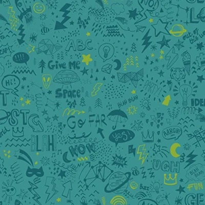 Image of Doodle Teal/Neon Yellow Kids Bedroom Wallpaper (13341)