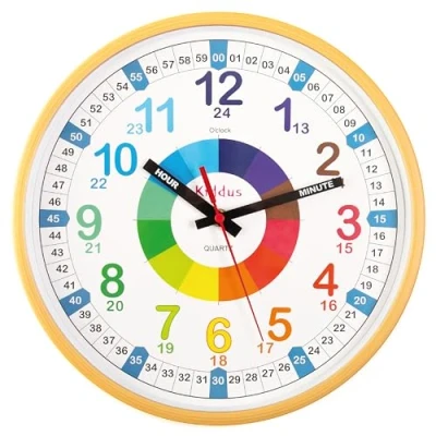 Image of Kiddus Wall Clock for Boys and Girls. Silent Analogue Time Teacher with Exercises. Easy to Read Learn the Time. 30cm diameter XL Wood color