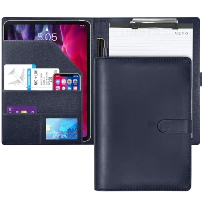 Image of Clipboard Folder A4 Conference Portfolio for Legal Pad, Faux Leather Work Writing Foldover with Cover, Organiser Business Document Clip Board Dark Blue