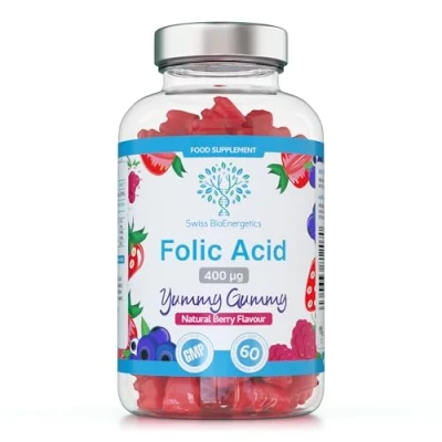Image of Folic Acid Gummies 400μg, 60 Natural Berry Flavoured &amp; Vegan High Strength Vitamin B9 Pregnancy Support Prenatal No Artificial Sweeteners or Flavours UK Made