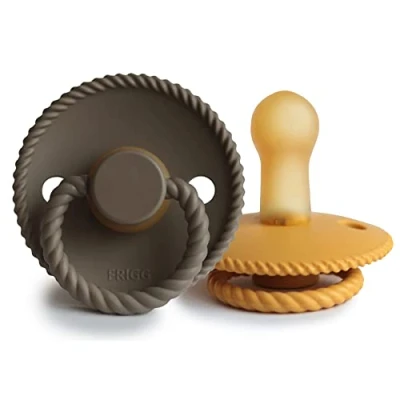 Image of FRIGG Rope Latex Pacifier Pack of 2 Natural Rubber Soother Dummy BPA Free Made in Denmark Symmetrical Cherry Shaped Nipple (Honey Gold/Portobello, Size (6 18 Months))