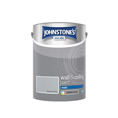 Image of Johnstone&#039;s Wall &amp; Ceiling Paint Manhattan Grey Matt Finish Emulsion Fantastic Coverage Easy to Apply Dry in 1 2 Hours 12m2 per Litre 5L, Pack of