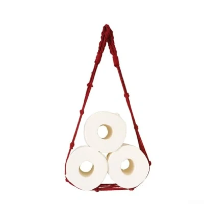 Image of Rope Toilet Roll Holder, Hang Cotton Paper Holder Mesh Storage Bag Wall Mount Tissue Towel Rack for Bathroom Decor(Red)