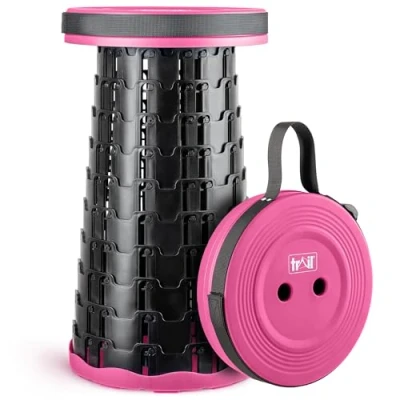 Image of Trail Portable Telescopic Stool, Collapsible Folding Expanding Outdoor Camping Seat, Adjustable to H45cm, Safety Lock, Lightweight with Carry Strap, 150kg Max Load, Hiking, Festival, Fishing (Pink)