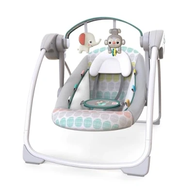 Image of Bright Starts, Whimsical Wild Portable Compact Automatic Baby Swing with Music and Taggies, Removable Toy Bar 2 Toys, Reclinable, 5 Point Harness, Newborn up