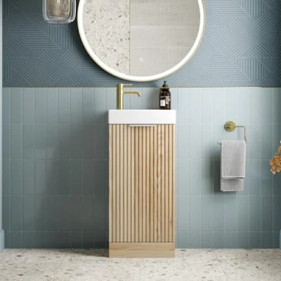 Image of BAYSTONE® Fluted 400mm Bathroom Vanity Unit Ceramic Wash Sink, Cloakroom Storage Furniture Under Basin Cabinet Floorstanding Cupboard, Wood