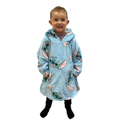 Image of Hugzee Oversized Wearable Hooded Fleece Super Warm and Cosy, Sherpa Lined Official Disney Lilo Stitch Design Perfect For Smaller Kids Age 3 6 Years, One Size Suggested Height 55cm+