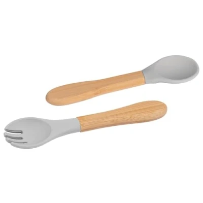 Image of Grey 2pc Bamboo Baby Weaning Fork &amp; Spoon Set By Tiny Dining