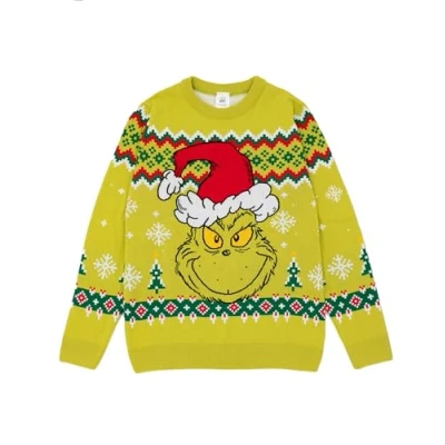 Image of The Grinch Mens Christmas Jumper in Green Graphic Knitted Sweater for Adults Warm Festive Holiday Long Sleeve Knitwear Top Fun Pullover Knit Unique Movie Merchandise Gift Him
