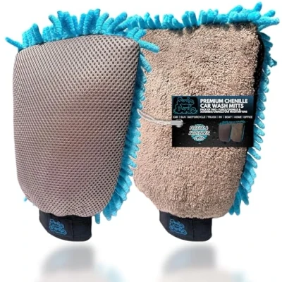 Image of Sudz Budz® Premium Microfibre Chenille Car Washing Mitt 2 Pack in 1 Double Sided Scrubber and Fleece Mitts. Soft, Durable, No Scratch, Lint Free Detailing for Exterior Care