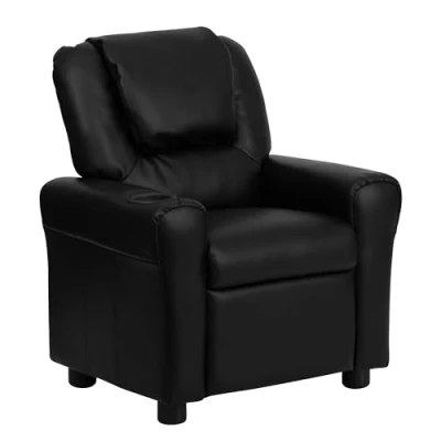 Image of Flash Furniture Contemporary Kids Recliner with Cup Holder and Headrest, Leather, Black, 60.96 x 48.26 cm