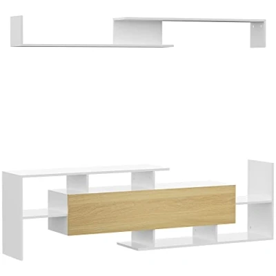 Image of HOMCOM Modern TV Cabinet with Wall Shelf, Unit Storage Shelf and Cabinet, for Mounted 65&quot; TVs or Standing 40&quot; TVs, White Natural