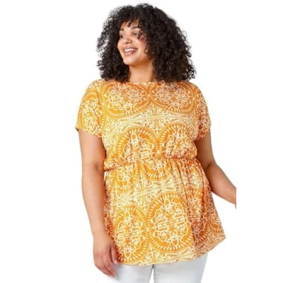 Image of Roman Curve Aztec Print Stretch Top for Women UK Ladies Everyday Holiday Spring Summer Round Neckline Comfy Soft Evening Vacation Work Party Orange Size 20