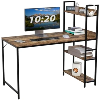 Image of Vida Designs Brooklyn 120cm Large Computer Desk with Storage Shelves, Home Office Writing Industrial Style Laptop Table (Dark Wood)