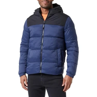Image of Bestseller A/S Men&#039;s Jjetoby Puffer Hood Sn Buffer Jacket, Navy Blazer/Detail: Black Blocking, XL