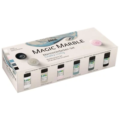 Image of Kreul 73613 Magic Marble Paint, Chalky Living Set, 6 x 20 ml Colour in Brown, Pink, Teal, Grey, Colourless and Black, for Immersion Marbling of Wood, Glass, Plastic, Paper Styrofoam