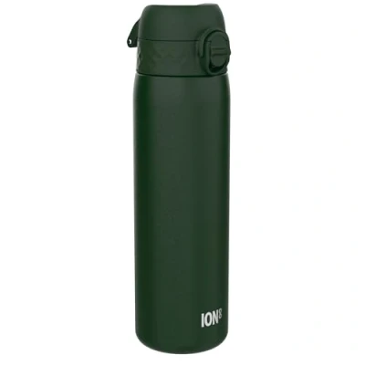 Image of ION8 Vacuum Insulated Steel Water Bottle, 500 ml/18 oz, Leak Proof, Easy to Open, Secure Lock, Dishwasher Safe, Fits Cup Holders, Carry Handle, Scratch Resistant, Metal Dark Green